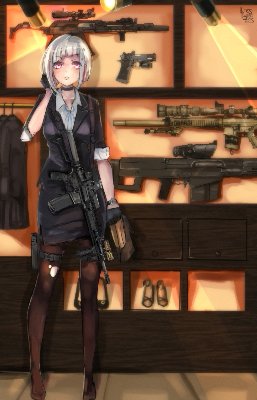 1girl alternate_costume black_choker black_gloves black_pantyhose black_skirt blush bob_cut choker clothes_hanger collarbone collared_shirt colored_inner_hair commentary diagonal_bangs dress_shirt full_body gloves grey_hair gun hair_ornament half_gloves handgun highres inverted_bob jacket lamp link!_like!_love_live! looking_at_viewer losslessarts love_live! miniskirt multicolored_hair no_shoes pantyhose parted_lips pencil_skirt pink_eyes red_hair shirt shoes short_hair signature skirt sleeves_rolled_up solo standing star_(symbol) star_hair_ornament streaked_hair suit_jacket torn_clothes torn_pantyhose unworn_shoes virtual_youtuber watch weapon weapon_rack weapon_request white_shirt wristwatch yugiri_tsuzuri