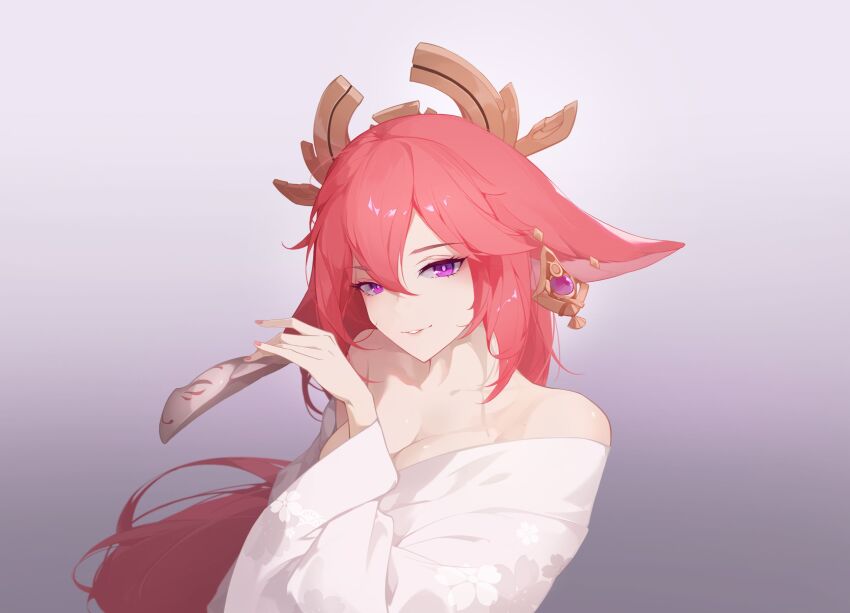 1girl animal_ears breasts chinese_commentary cleavage commentary_request dress earrings fox_ears fox_girl genshin_impact grey_background hair_ornament highres holding holding_mask jewelry large_breasts long_hair mask pink_hair purple_eyes simple_background smile solo upper_body very_long_hair via_shinan white_dress yae_miko