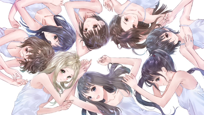 6+girls absurdres azumi_nanaka black_eyes black_hair blue_reflection_(series) blue_reflection_sun braid breasts brown_eyes brown_hair cleavage commentary_request glasses green_eyes hair_over_one_eye highres hoshiya_kanna ikoma_ayami kasuga_shiho kishida_mel kuno_kirara light_brown_hair long_hair looking_at_viewer lying morisaki_alesia_yu multiple_girls on_back on_side round_eyewear short_hair spaghetti_strap takaoka_yukiko tank_top twintails upper_body white_background white_tank_top xiao_meiqi