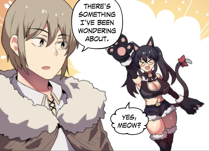 &gt;_&lt; 1boy 1girl animal_ears animal_hands black_shorts breasts brown_cape brown_hair cape cat_ears cat_girl cat_tail cleavage cleavage_cutout clothing_cutout commentary crop_top double-parted_bangs english_commentary english_text fur-trimmed_cape fur_trim glasses gloves hair_between_eyes highres hinghoi large_breasts long_hair merryweather open_mouth original paw_gloves short_hair short_shorts shorts speech_bubble tail talking twintails