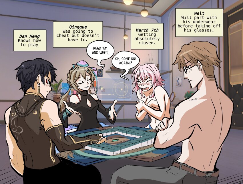 2boys 2girls bare_shoulders belt black_hair black_pants black_sweater blue_panties blush bra bra_on_head bra_strap braid brown_hair brown_shirt ceiling_light character_name cleavage_cutout closed_eyes closed_mouth clothing_cutout commentary covering_breasts covering_privates crossed_arms dan_heng_(honkai:_star_rail) detached_sleeves earrings english_commentary english_text glasses gold_trim grey_pants hands_on_own_breasts highres honkai:_star_rail honkai_(series) indoors jewelry long_hair mahjong mahjong_table mahjong_tile march_7th_(honkai:_star_rail) medium_hair multiple_boys multiple_girls object_on_head open_mouth panties pants parted_lips pink_hair plant potted_plant qingque_(honkai:_star_rail) science_fiction shirt short_hair shoulder_cutout side_braid single_earring sitting speech_bubble spicymancer strip_game strip_mahjong sweater table teeth topless_female topless_male twintails underwear upper_teeth_only welt_yang