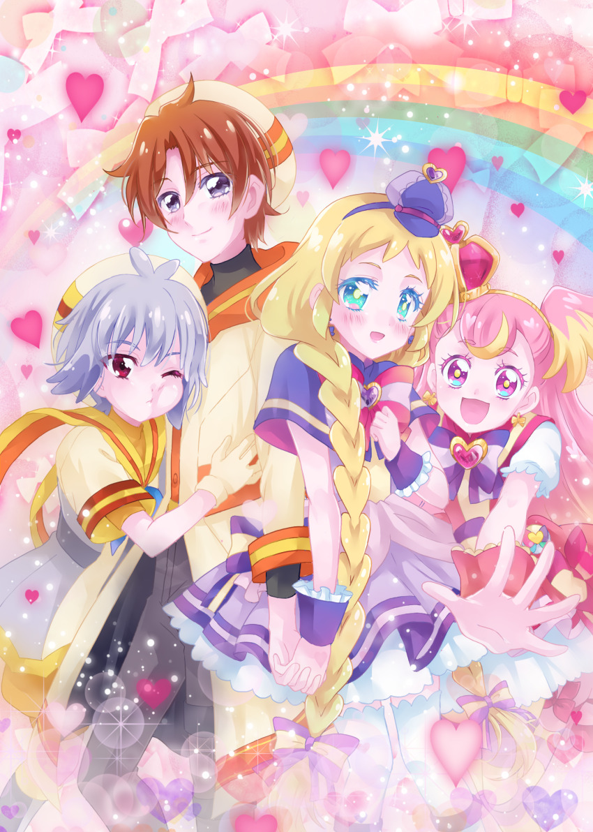 2boys 2girls beret black_pants black_undershirt blonde_hair blue_eyes blush bow bow_earrings bowtie braid breasts brooch brown_hair capelet cleavage commentary_request crown cure_friendy cure_wonderful dress earrings gloves gongitsune_(gongitune2) grey_hair hairband hat heart heart_brooch highres holding_hands inukai_iroha inukai_komugi jewelry long_hair long_sleeves low_twin_braids magical_girl mini_crown multicolored_hair multicolored_hat multicolored_robe multiple_boys multiple_girls one_eye_closed open_mouth orange_undershirt pants peaked_cap pink_bow pink_bowtie pink_dress pink_eyes pink_hair precure purple_bow purple_bowtie purple_capelet purple_dress purple_eyes purple_hairband purple_hat red_eyes robe short_hair short_sleeves sleeveless sleeveless_dress smile thighhighs toyama_daifuku toyama_satoru twin_braids two-tone_hair two-tone_shirt two_side_up white_sleeves white_thighhighs wonderful_precure! wrist_cuffs yellow_gloves