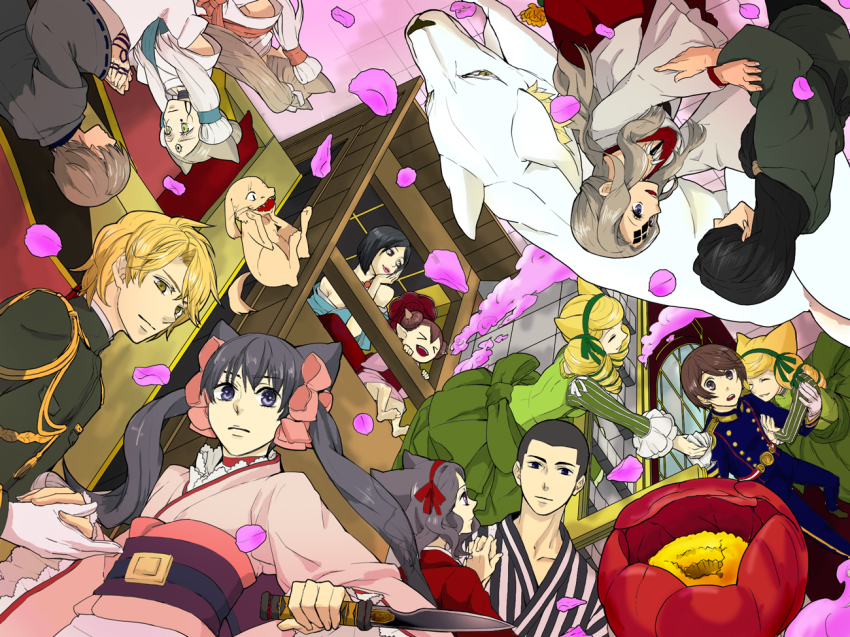 5boys 6+girls agemaki_kei aiguillette animal_ears black_hair blonde_hair bonbori_(otome_youkai_zakuro) bow byakuroku_(otome_youkai_zakuro) camellia closed_eyes colorized dagger daidai_(otome_youkai_zakuro) dress drill_hair enaga_(otome_youkai_zakuro) everyone flower fox_ears fuuchisou hachinosaku hair_bow hair_ribbon hairband hanakiri_ganryuu hassaku_(kuramatengu) holding_hands hoozuki_(otome_youkai_zakuro) japanese_clothes kimono knife kushimatsu long_hair maid_headdress mamezou_(otome_youkai_zakuro) military military_uniform mugi_(otome_youkai_zakuro) multiple_boys multiple_girls obi omodaka_(otome_youkai_zakuro) orikata_aya otome_youkai_zakuro petals pink_bow purple_eyes ribbon sash short_hair siblings sisters smile susukihotaru tsukuhane twins twintails weapon yellow_eyes yoshinokazura_riken zakuro zakuro_(otome_youkai_zakuro)