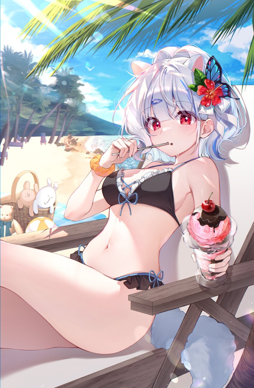 1girl absurdres animal_ears ball bare_shoulders basket beach beachball bikini black_bikini blue_sky blush breasts butterfly_hair_ornament cherry commentary day flower food fruit hair_flower hair_ornament hairclip highres holding hyeya ice_cream large_breasts looking_at_viewer medium_hair navel original outdoors red_eyes scrunchie sitting sky solo_focus stomach stuffed_animal stuffed_toy sundae swimsuit symbol-only_commentary thighs white_hair wrist_scrunchie yellow_scrunchie