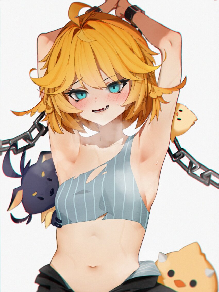 1girl alt_text armpits arms_up bare_shoulders bird blonde_hair blue_eyes blush breasts chain commentary cuffs doki_amber_doge_(dokibird) dokibird_(vtuber) dokibird_(vtuber)_(bounty_hunter) dragoon_(dokibird) english_commentary fang highres indie_virtual_youtuber looking_at_viewer midriff navel revision rieko_(kuusairieko) shirt short_hair simple_background single-shoulder_shirt single_strap skin_fang small_breasts smile solo steaming_body stomach sweat torn_clothes torn_shirt tsurime upper_body virtual_youtuber white_background yellow_bird