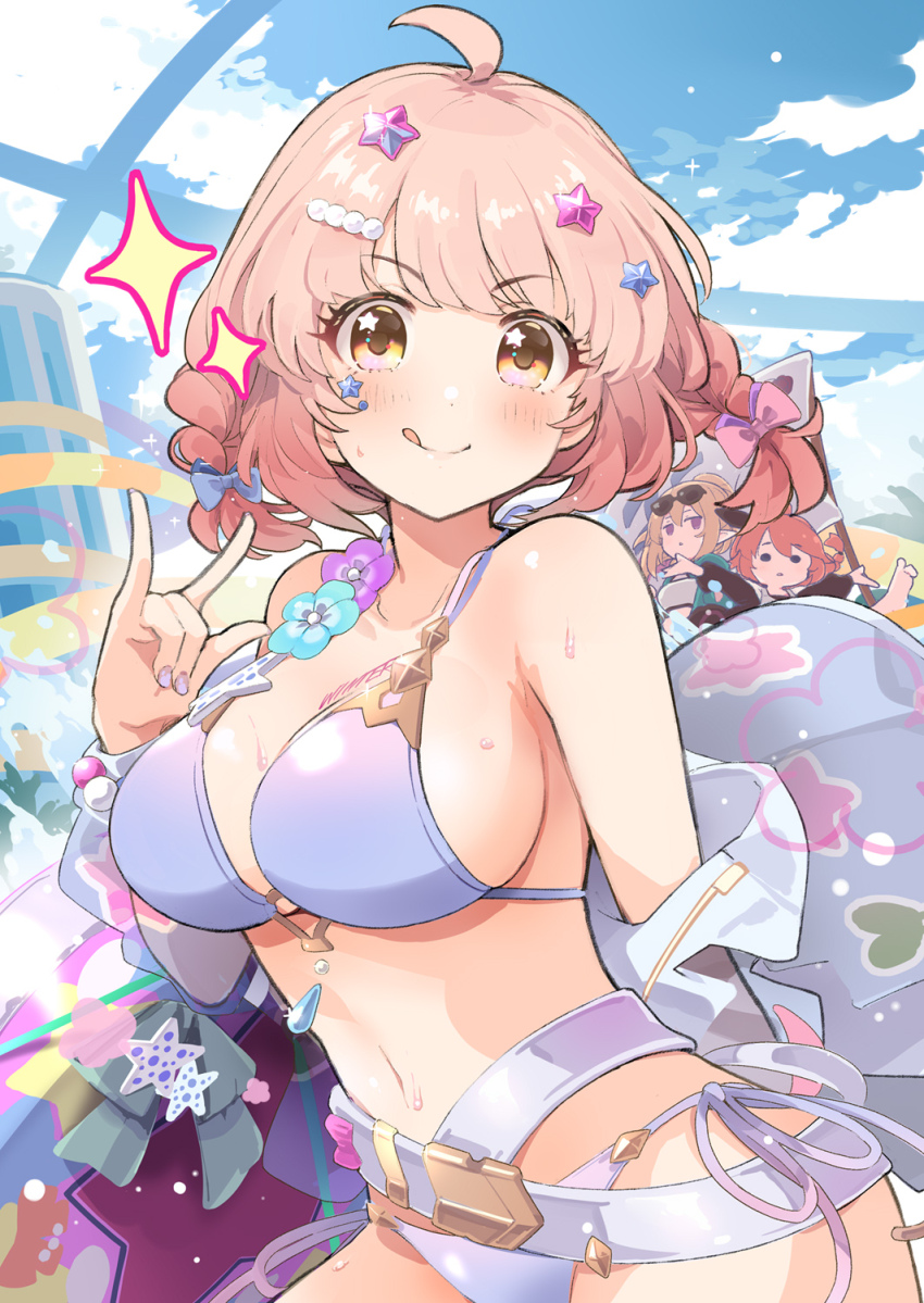 3girls ahoge bare_shoulders beads bikini blonde_hair braid breasts chieru_(princess_connect!) chieru_(winter)_(princess_connect!) chloe_(princess_connect!) chloe_(winter)_(princess_connect!) cleavage commentary_request eyewear_on_head friendship_club_(princess_connect!) hair_ornament hairband halterneck highres ito_ryo jacket jewelry large_breasts multiple_girls navel official_alternate_costume open_clothes open_jacket orange_hair pink_hair princess_connect! purple_bikini side-tie_bikini_bottom star_(symbol) star_hair_ornament star_in_eye string_bikini swimsuit symbol_in_eye tongue tongue_out twin_braids yellow_eyes yuni_(princess_connect!) yuni_(winter)_(princess_connect!)