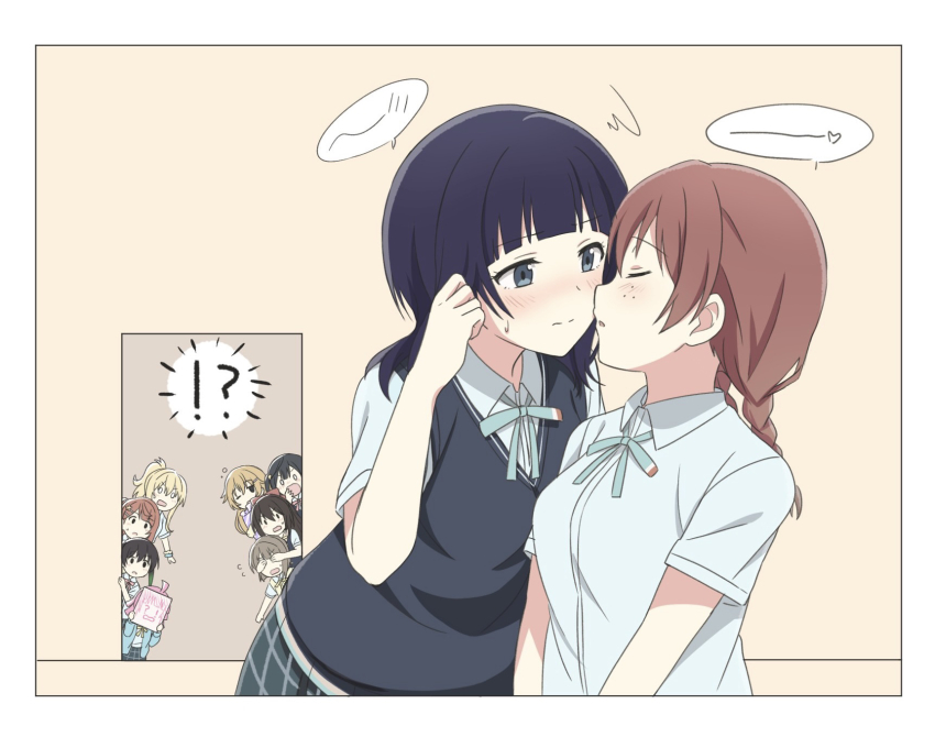 !? 0_0 6+girls ahoge aqua_ribbon asaka_karin black_hair blonde_hair blue_hair blue_shirt blue_skirt blue_vest blunt_bangs blush bow braid breasts brown_hair collared_shirt covering_another&#039;s_eyes emma_verde freckles green_hair grey_hair hair_bow highres imminent_kiss konoe_kanata large_breasts long_hair looking_at_another love_live! love_live!_nijigasaki_high_school_idol_club low_twintails medium_hair miyashita_ai multiple_girls nakasu_kasumi neck_ribbon nijigasaki_school_uniform open_mouth orange_hair osaka_shizuku parted_lips peeking_out pink_hair plaid_clothes plaid_skirt ponytail red_bow ribbon rina-chan_board school_uniform shirt short_sleeves sidelocks skirt summer_uniform sweat takasaki_yu tennoji_rina twin_braids twintails uehara_ayumu upper_body vest x3_xy3_(jtsu4377) yellow_ribbon yuki_setsuna yuri