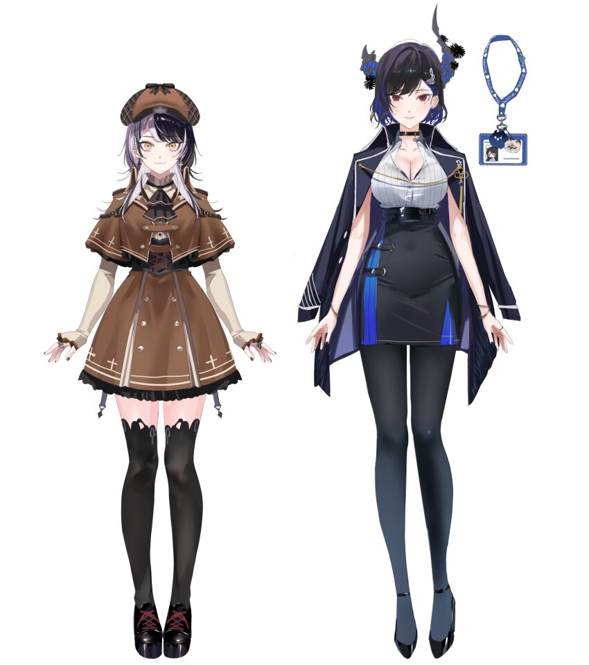 2girls alternate_hairstyle asymmetrical_horns black_hair blue_hair breasts colored_inner_hair demon_horns detective formal_clothes hat highres hololive hololive_english horns long_sleeves looking_at_viewer medium_hair mole mole_under_eye multicolored_hair multiple_girls nerissa_ravencroft office_lady official_alternate_hair_length official_alternate_hairstyle pencil_skirt red_eyes shiori_novella shirt short_hair skirt smile two-tone_hair uneven_horns virtual_youtuber yomosaka