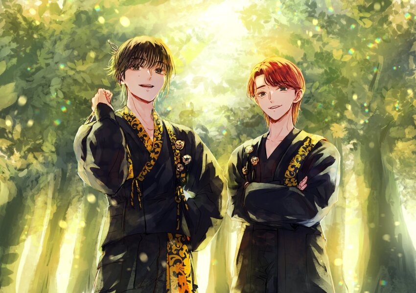 2boys black_hair blunt_bangs brown_hair cowboy_shot crossed_arms forest hair_bun hand_on_own_hip hashtag-only_commentary highres jeonghan_(seventeen) joshua_(seventeen) k-pop korean_clothes long_sleeves male_focus mokome124 mole multiple_boys nature outdoors real_life seventeen_(group) smile
