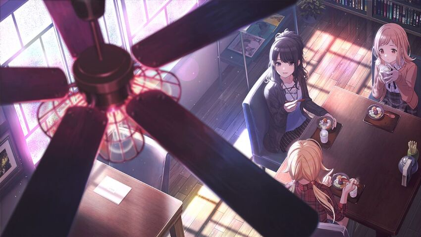 3girls ahoge black_hair black_ribbon black_shorts blonde_hair bookshelf brown_eyes camisole cardigan ceiling_fan ceiling_light chair closed_mouth collared_shirt cup day dot_mouth drinking eating food from_above game_cg green_tea grey_cardigan hachimiya_meguru hair_flaps hair_ornament half_updo holding holding_cup holding_spoon idolmaster idolmaster_shiny_colors illumination_stars_(idolmaster) indoors kazano_hiori lens_flare light_brown_hair light_particles looking_up low_twintails medium_hair multiple_girls official_art on_chair open_cardigan open_clothes pink_cardigan pinstripe_shorts plaid_clothes plaid_shirt plaid_skirt pleated_skirt purple_eyes red_shirt ribbon sakuragi_mano shirt shorts sitting skirt smile spoon star_(symbol) star_hair_ornament table tea twintails white_shirt window wooden_floor wooden_table