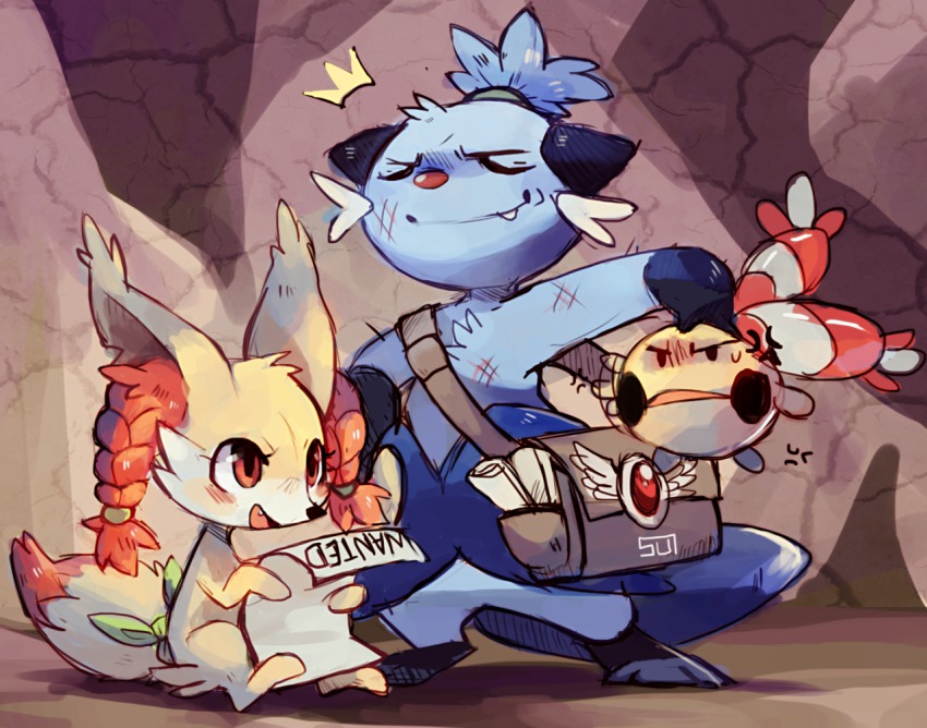 angry bow bowtie braid chingling dewott dirty eulette fang fennekin gen_4_pokemon gen_5_pokemon gen_6_pokemon injury nintendo no_humans pokemon pokemon_(creature) poster_(medium) side_bag smile tail topknot twin_braids