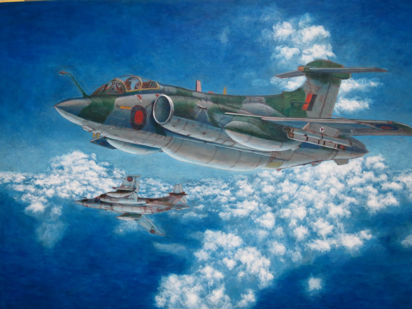 absurdres acrylic_paint_(medium) aircraft airplane bad_id bad_pixiv_id blackburn_buccaneer blue_sky calligraphy_brush_(medium) cloud cloudy_sky commentary day flying hayashi_toshihiro helmet highres jet military outdoors painting_(medium) photo_(medium) scenery sky traditional_media vehicle_focus
