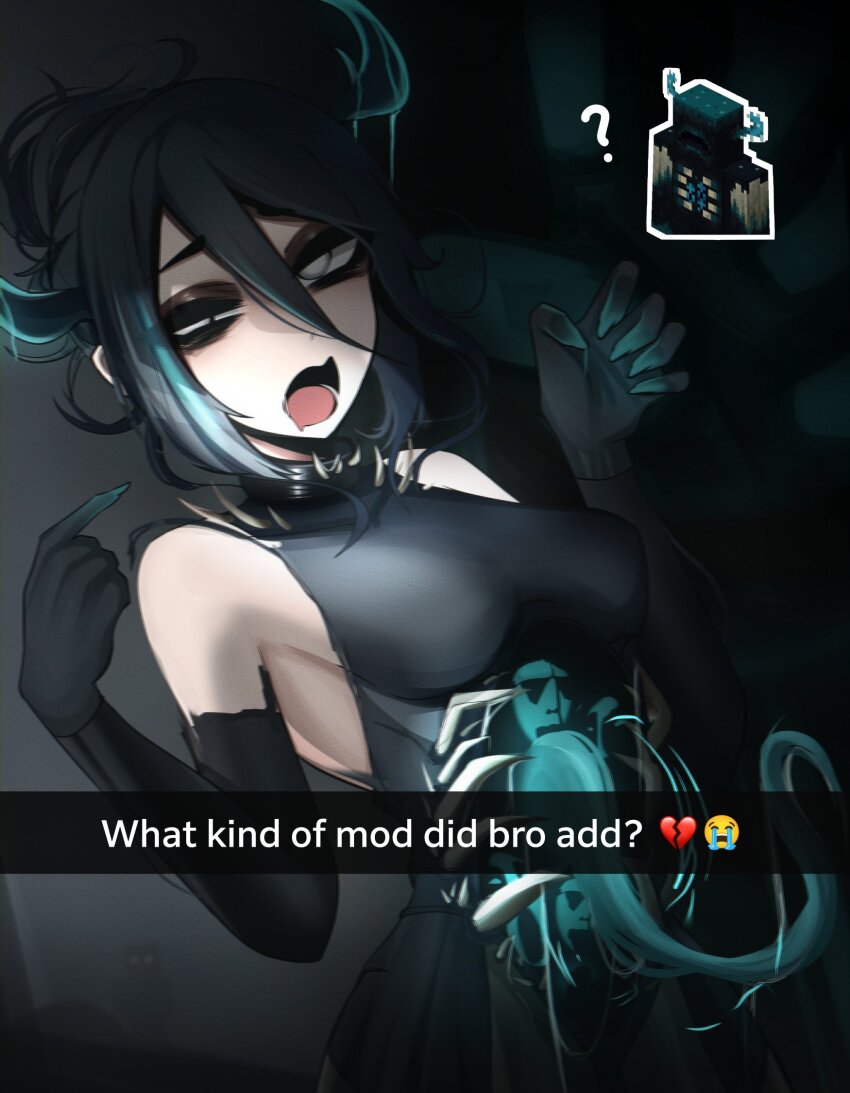 1girl ? bare_shoulders black_dress black_gloves black_hair blue_streaks blue_tongue breasts broken_heart caption colored_tongue commentary cowboy_shot crying_emoji double-parted_bangs dress elbow_gloves emoji english_commentary english_text extra_mouth extra_tongue gloves grey_eyes hair_between_eyes heart highres horns looking_at_viewer medium_breasts medium_hair mikuneki minecraft monster_girl multicolored_hair open_mouth personification pointing pointing_at_self sleeveless sleeveless_dress solo stomach_mouth streaked_hair uneven_eyes warden_(minecraft)