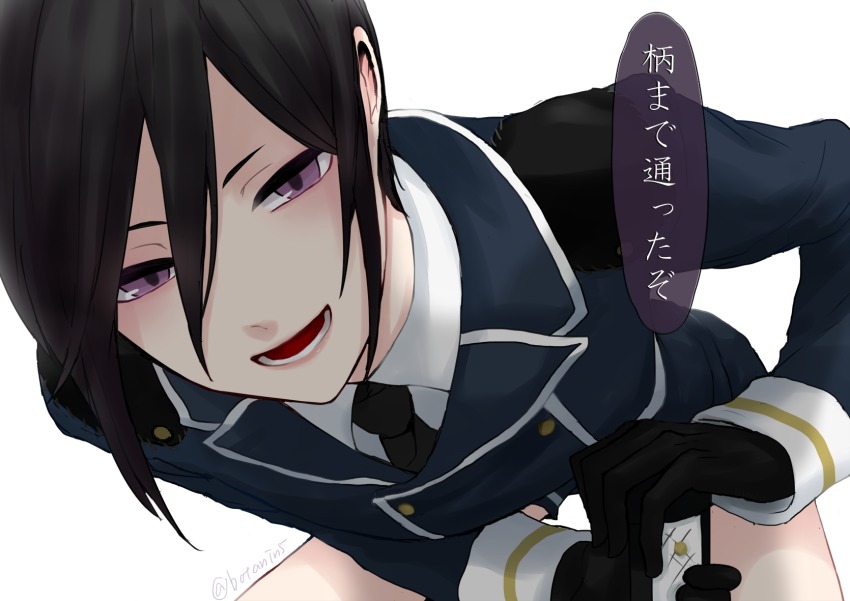 10s 1boy artist_name bad_id bad_pixiv_id black_gloves black_hair bota_(tsuboyan) buttons double-breasted gloves hair_between_eyes highres male_focus military military_uniform pale_skin pov purple_eyes sexually_suggestive short_sword shorts simple_background smile solo sword tantou thighs touken_ranbu touken_ranbu:_hanamaru twitter_username weapon white_background yagen_toushirou