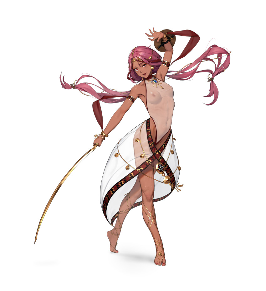1girl ankle_lace-up arm_shield arm_up armlet armpits bangle bare_shoulders barefoot barefoot_sandals_(jewelry) beeeeen blue_gemstone bracelet breasts collarbone commentary_request covered_erect_nipples covered_navel dancer dark-skinned_female dark_skin earrings floating_hair full_body gem golden_sword groin hair_between_eyes hair_ribbon head_chain head_tilt high_collar highleg highleg_leotard highres holding holding_sword holding_weapon jewelry last_origin legs leotard long_hair looking_at_viewer low_twintails lower_teeth_only medium_breasts nail_polish necklace nipples open_mouth outstretched_arm parted_bangs pendant pink_hair prester_johanna red_eyes red_nails red_ribbon revealing_clothes ribbon scimitar see-through_clothes see-through_leotard see-through_skirt simple_background skirt smile solo sword teeth tiptoes toenail_polish toenails toes twintails very_long_hair weapon white_background white_leotard white_skirt yellow_ribbon