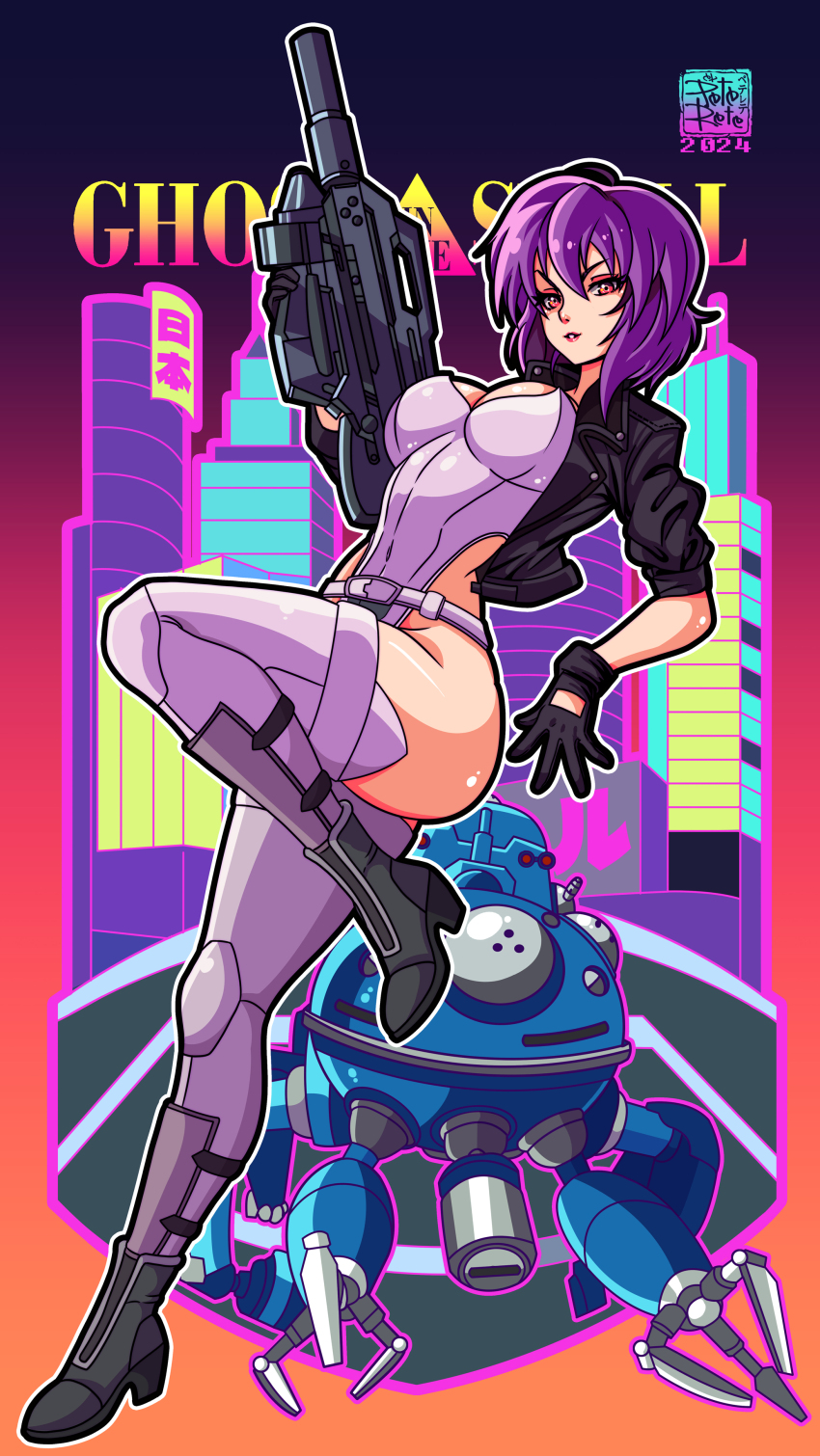 1girl 2024 absurdres ass belt black_gloves black_jacket cropped_legs curvy dated full_body ghost_in_the_shell gloves gun highleg highleg_leotard highres holding holding_gun holding_weapon jacket kusanagi_motoko leg_lift leotard looking_at_viewer medium_hair open_clothes open_jacket peterete purple_eyes purple_hair revealing_clothes shiny_clothes shiny_skin strapless strapless_leotard tachikoma utsugi_(karautu_gi) weapon white_belt white_leotard wide_hips