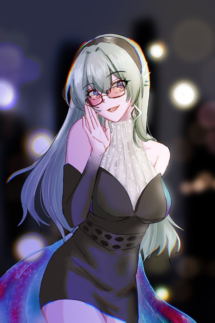 1girl black_dress black_hairband blurry blurry_background breasts detached_sleeves dress earrings firefly_(honkai:_star_rail) firefly_(on_the_journey)_(honkai:_star_rail) grey_hair hairband highres honkai:_star_rail honkai_(series) jewelry large_breasts long_hair official_alternate_costume parted_lips smile solo sunglasses turtleneck turtleneck_dress yakmeephuawkaa