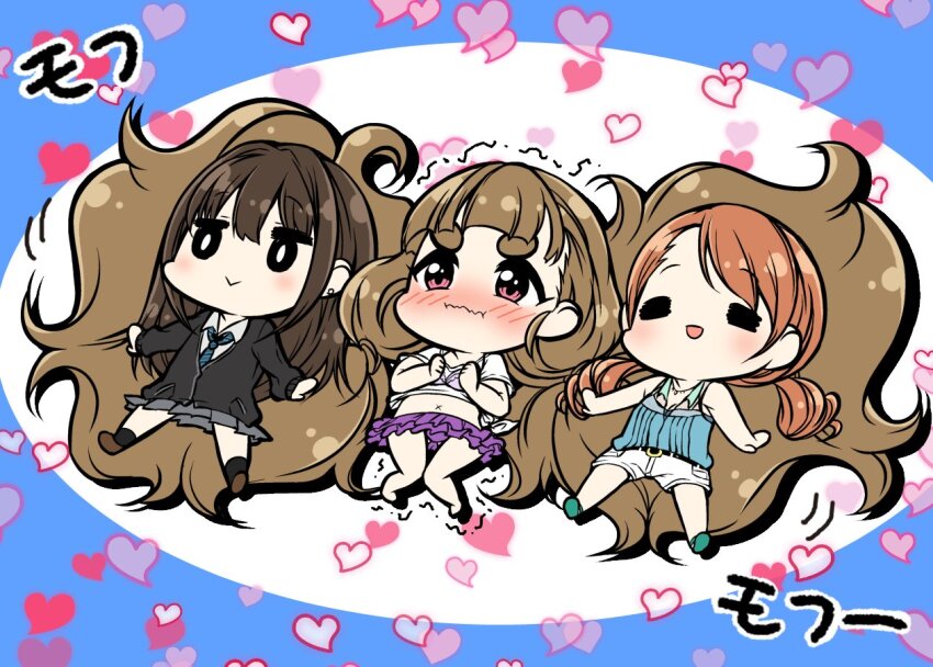 3girls =_= ameeba_life bikini bikini_under_clothes black_cardigan blush cardigan chibi chibi_only clenched_hands embarrassed fluffy_hair full_body hair_pillow heart heart_background hojo_karen idolmaster idolmaster_cinderella_girls kamiya_nao long_hair looking_ahead lying multiple_girls nose_blush on_back outstretched_arms outstretched_legs purple_bikini school_uniform shibuya_rin shirt swimsuit triad_primus_(idolmaster) very_long_hair wavy_mouth white_shirt