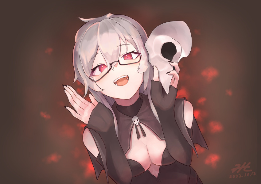 1girl absurdres black_nails breasts character_request cleavage clothing_cutout commentary_request commission dark_background dated dutch_angle grey_hair hair_between_eyes highres holding holding_mask long_hair long_sleeves looking_at_viewer mask medium_breasts nail_polish null_suke open_mouth pixiv_commission red_eyes semi-rimless_eyewear shoulder_cutout sleeves_past_wrists solo under-rim_eyewear upper_body virtual_youtuber