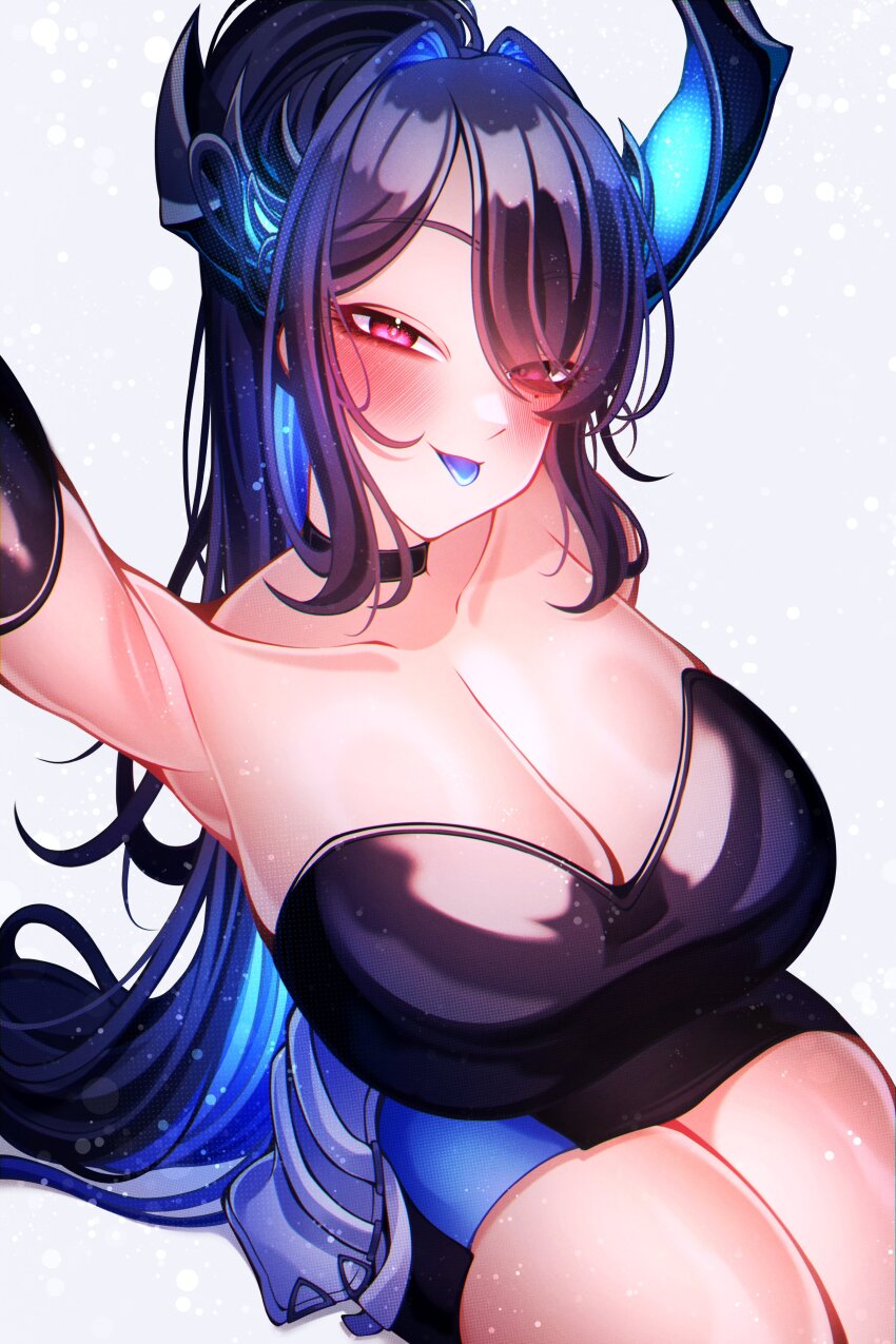 1girl absurdres asymmetrical_horns black_dress black_hair blue_hair blue_tongue blush breasts choker cleavage colored_inner_hair colored_tongue craymer crystal_horns demon_horns dress elbow_gloves flower gloves hair_ornament highres holoadvent hololive hololive_english horn_flower horns large_breasts long_hair looking_at_viewer mole mole_under_eye multicolored_hair nerissa_ravencroft red_eyes sitting smile solo tongue tongue_out two-tone_hair uneven_horns very_long_hair virtual_youtuber