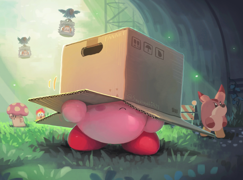 awoofy blush_stickers box box_on_head cage cappy_(kirby) closed_mouth colored_skin commentary_request day fire fireflies frown grass highres hot_head_(kirby) kirby kirby_(series) nintendo no_humans outdoors pink_skin suyasuyabi twitter_username waddle_dee watermark