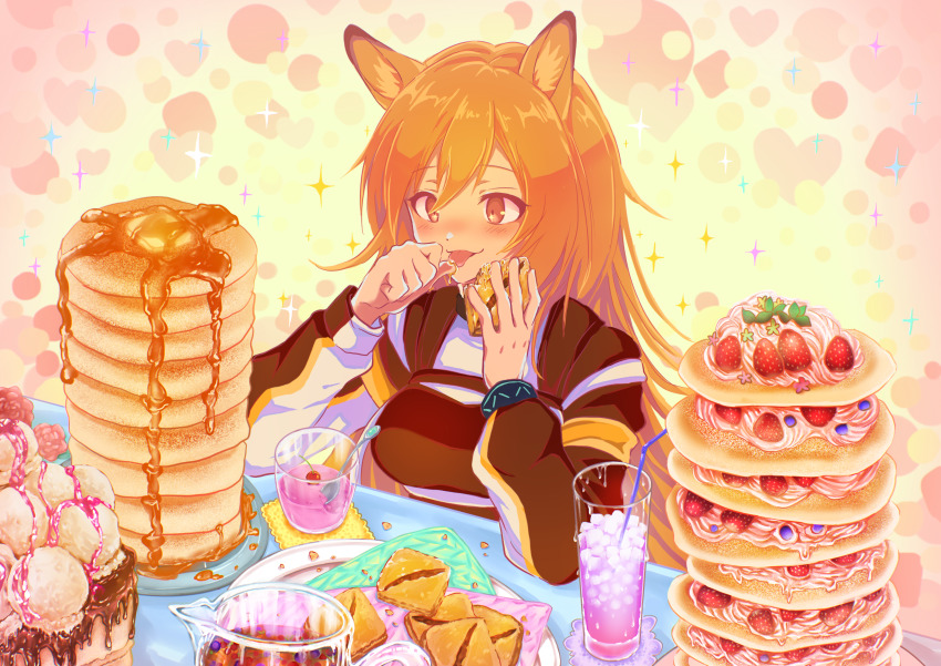 1girl 3_(sanyako1) absurdres animal_ears arknights bad_id bad_pixiv_id baggy_clothes baklava brown_eyes brown_hair ceobe_(arknights) commentary_request cup dessert dog_ears dog_girl drink drinking_glass drinking_straw food fruit gelatin highres huge_filesize ice_cream infection_monitor_(arknights) jacket licking licking_finger long_hair long_sleeves multicolored_jacket orange_jacket pancake sitting solo spoon strawberry tongue tongue_out
