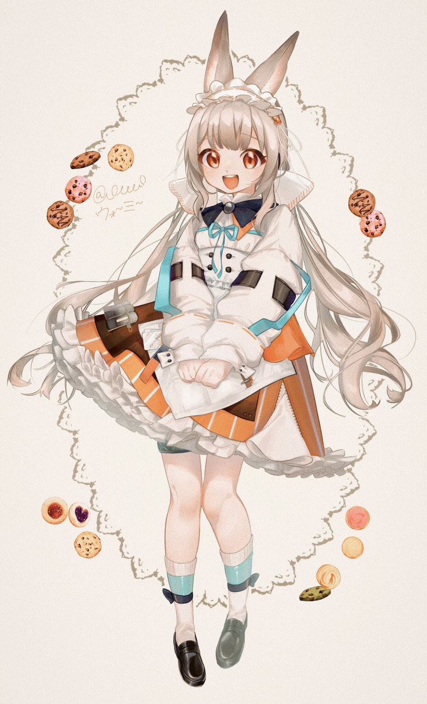 1girl :d animal_ears arknights black_shoes character_name commentary_request cookie film_grain food full_body grey_background grey_hair highres jacket layered_skirt long_hair long_sleeves looking_at_viewer o_eeee_o open_mouth orange_eyes orange_skirt partial_commentary rabbit_ears revision shoes sidelocks simple_background skirt smile socks solo teeth upper_teeth_only warmy_(arknights) white_headdress white_jacket white_skirt white_socks