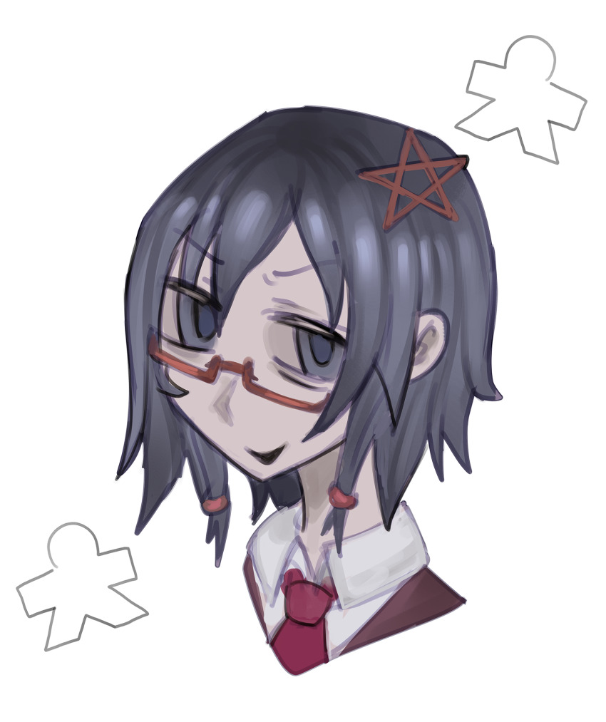 1girl blue_eyes blue_hair corpse_party hair_ornament highres krmlkx looking_at_viewer pentagram pentagram_hair_ornament portrait red-framed_eyewear saenoki_naho school_uniform short_hair sketch smile solo star_(symbol) white_background