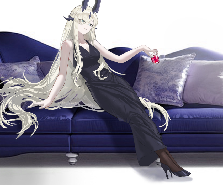 1girl absurdres alternate_costume aqua_eyes arknights black_dress black_horns blonde_hair cup dragon_horns dress highres holding holding_cup horns long_hair looking_at_viewer multiple_horns necrass_(arknights) parted_lips shale sidelocks sitting smile solo very_long_hair