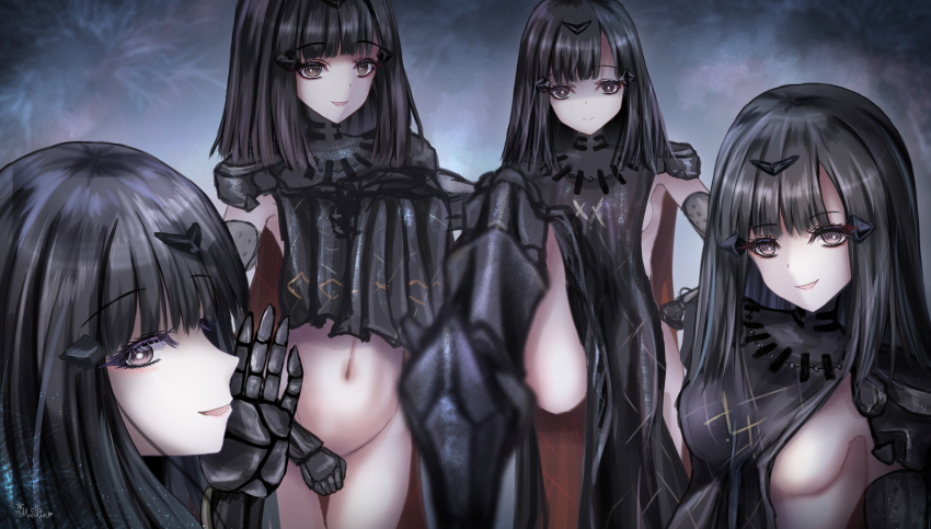 4girls absurdres black_hair black_scapular breasts brown_eyes closed_mouth clothes_lift commentary_request eyelashes eyeshadow girls&#039;_frontline highres long_hair looking_at_viewer makeup martinreaction mechanical_arms mechanical_legs medium_breasts multiple_girls navel no_panties nyto_(generic)_(girls&#039;_frontline) nyto_(girls&#039;_frontline) paradeus parted_lips scapular short_hair sideboob signature simple_background smile stepping