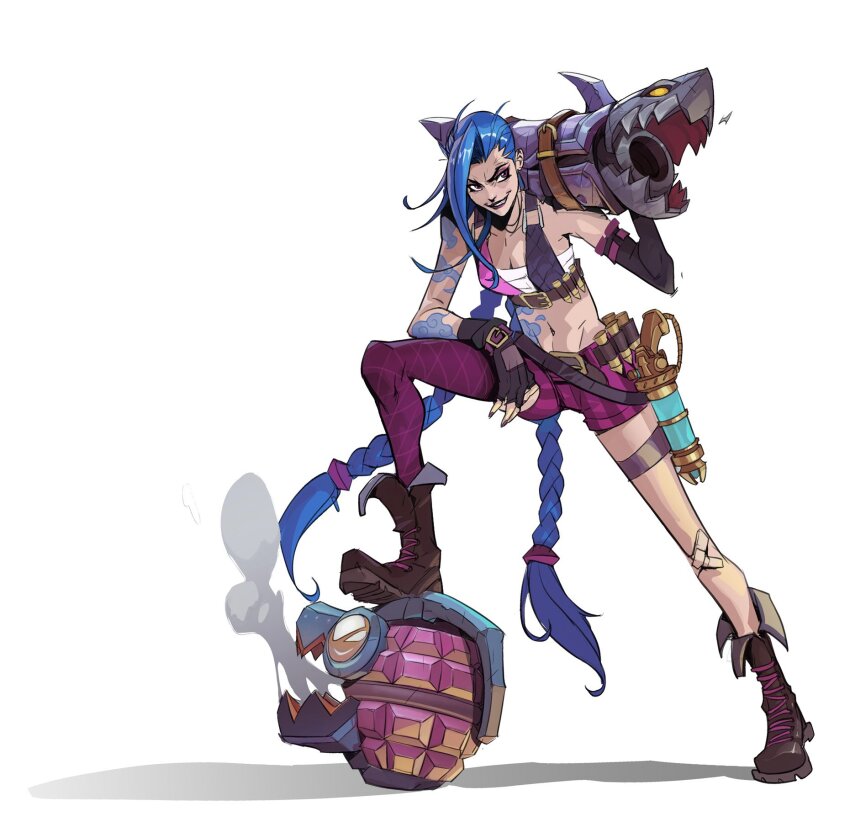 1girl arm_tattoo bare_shoulders black_gloves blue_hair braid breasts brown_footwear cleavage cloud_tattoo explosive fingerless_gloves full_body gloves grenade gun hicham_habchi highres holding holding_rocket_launcher holding_weapon jinx_(league_of_legends) league_of_legends long_hair navel oversized_object pink_shorts rocket_launcher shorts simple_background single_leg_pantyhose small_breasts smile solo stomach striped_clothes striped_shorts tattoo teeth twin_braids twintails weapon