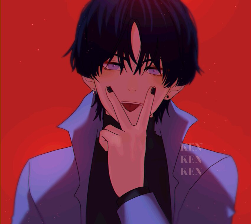 1boy alternate_costume artist_name black_hair black_shirt black_sleeves blunt_ends casual coat contemporary earrings eyeshadow fangs genshin_impact hand_up highres jewelry layered_sleeves looking_at_viewer lower_eyelashes_only makeup male_focus moriko_ken11 open_clothes open_coat portrait purple_coat purple_eyes purple_sleeves red_background red_eyeshadow scaramouche_(genshin_impact) shirt solo straight-on teeth tongue tongue_between_fingers tongue_out tsurime turtleneck turtleneck_shirt upper_teeth_only v white_coat