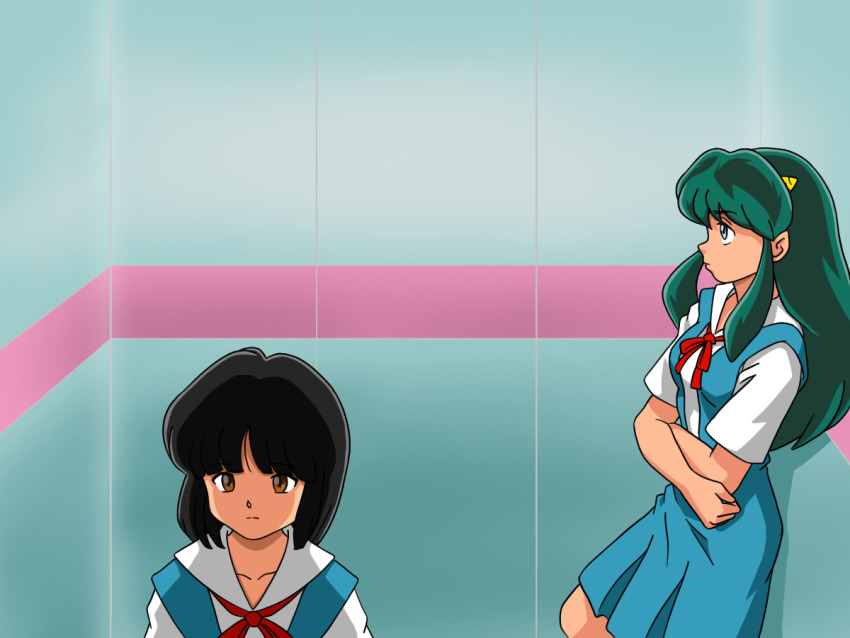 2girls bad_id bad_pixiv_id blue_eyes brown_eyes brown_hair crossed_arms elevator green_hair horns lum miyake_shinobu moechiki multiple_girls neon_genesis_evangelion oni parody red_ribbon ribbon scene_reference school_uniform tokyo-3_middle_school_uniform urusei_yatsura