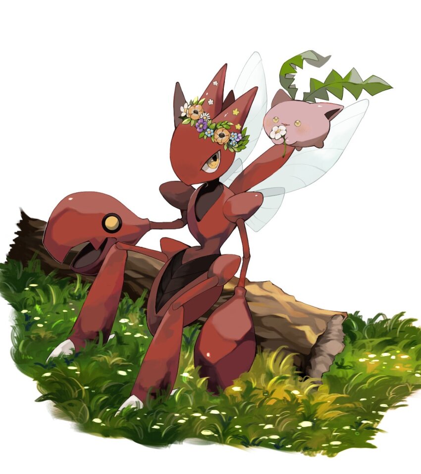 flower flower_wreath gen_2_pokemon grass highres holding holding_flower hoppip log looking_at_another mmmggom nintendo pokemon pokemon_(creature) scizor simple_background sitting white_background white_flower
