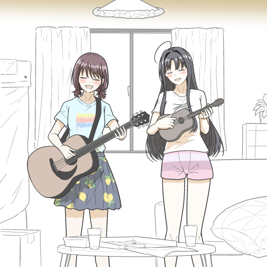2girls 5tb acoustic_guitar awa_subaru black_hair black_skirt blue_shirt blush brown_hair closed_eyes commentary_request food_print fruit_print girls_band_cry guitar gundam gundam_gquuuuuux highres indoors instrument iseri_nina lemon_print long_hair multiple_girls music open_mouth playing_guitar playing_instrument playing_ukulele print_skirt purple_shorts scene_reference shirt short_sleeves short_twintails shorts skirt smile striped_clothes striped_shorts table twintails white_shirt