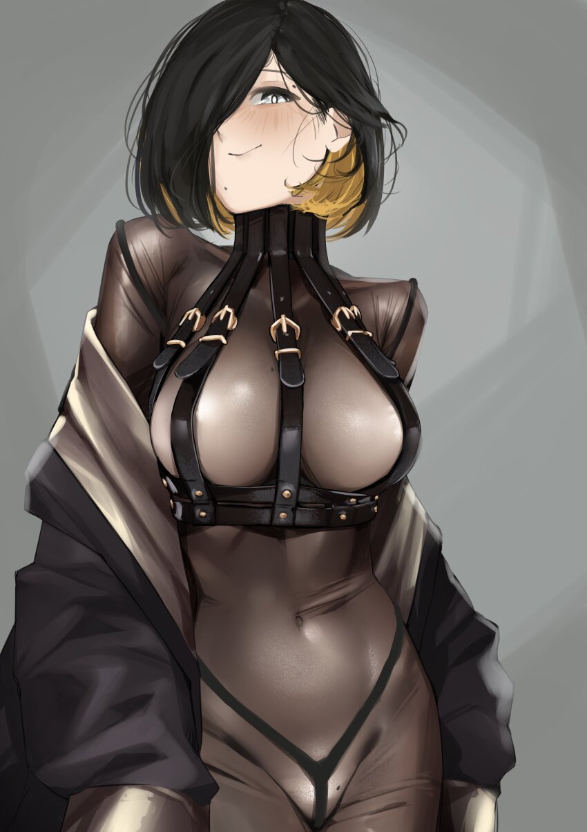 1girl absurdres black_hair black_jacket blonde_hair bodystocking breasts chest_harness closed_mouth colored_inner_hair grey_eyes hair_over_one_eye harness highres jacket mole mole_above_eye mole_on_breast mole_on_crotch mole_under_mouth multicolored_hair multiple_moles navel open_clothes open_jacket original pupi_(rain_prophet) short_hair smile solo