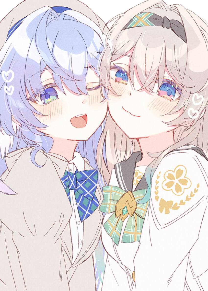 247_(nsn_na7) 2girls aqua_eyes beret black_hairband black_sailor_collar blue_hair bow bowtie closed_mouth collared_shirt firefly_(honkai:_star_rail) firefly_(spring_missive)_(honkai:_star_rail) grey_hair hairband hat head_wings heart highres honkai:_star_rail honkai_(series) long_hair long_sleeves looking_at_viewer multicolored_eyes multiple_girls official_alternate_costume one_eye_closed open_mouth robin_(brilliant_youth)_(honkai:_star_rail) robin_(honkai:_star_rail) sailor_collar school_uniform shirt simple_background smile teeth upper_teeth_only white_background white_shirt wings