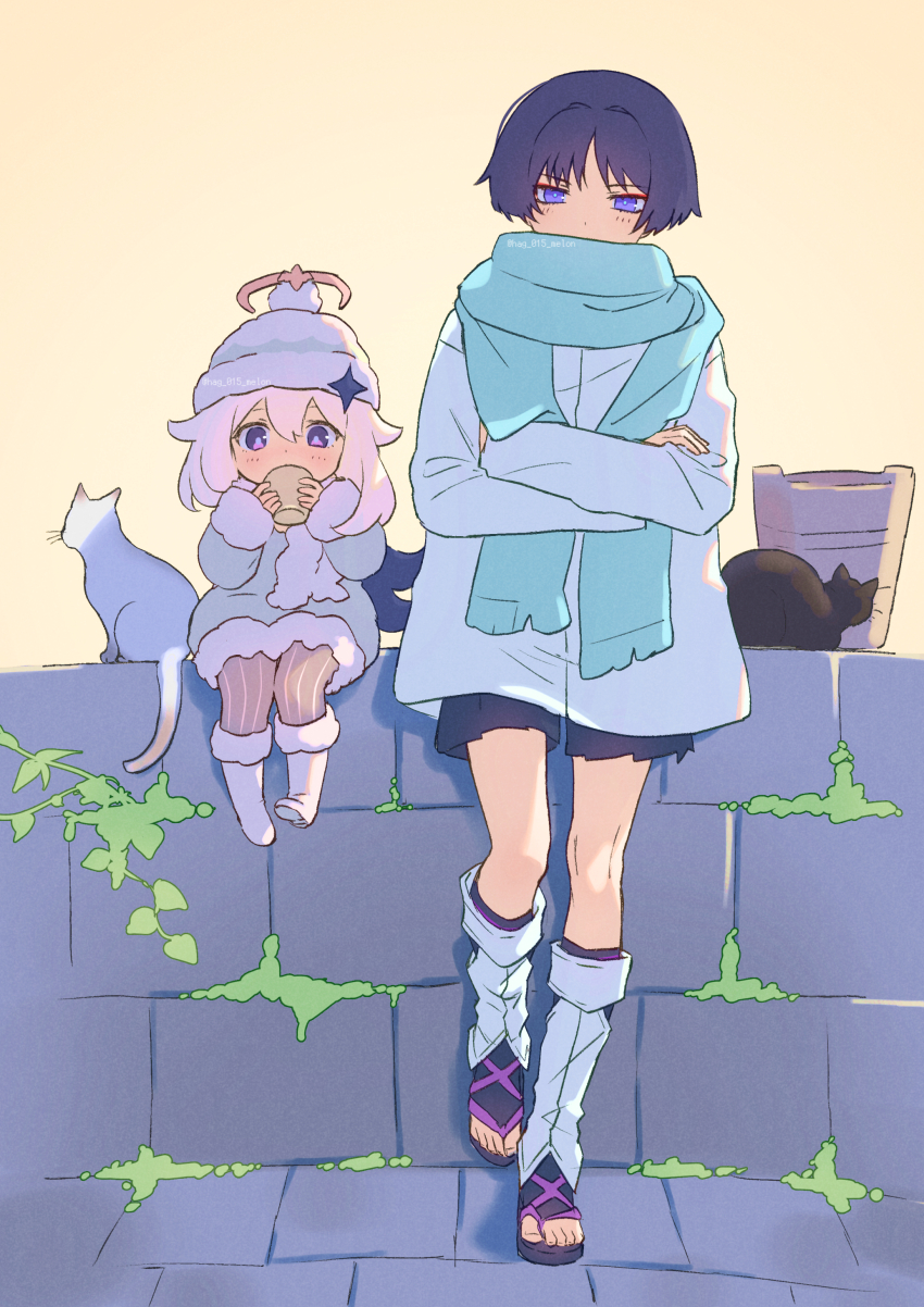 1boy 1girl absurdres alternate_costume beanie black_cape black_cat black_shorts blue_coat blue_scarf blue_sleeves blunt_ends boots bright_pupils bucket cape casual cat coat contemporary crossed_arms cup diamond_hair_ornament drinking eyeliner eyeshadow fur-trimmed_boots fur-trimmed_sleeves fur_hat fur_trim genshin_impact hag_(hag_015) hair_intakes hakama hakama_shorts hat highres holding holding_cup jacket japanese_clothes leaning_to_the_side leg_warmers long_sleeves looking_at_viewer looking_down makeup paimon_(genshin_impact) pantyhose pleated_shorts pom_pom_(clothes) pom_pom_beanie purple_eyes purple_rope red_eyeliner red_eyeshadow rope sanpaku scaramouche_(genshin_impact) scarf scarf_over_mouth short_hair short_hair_with_long_locks shorts sidelocks sitting_on_wall striped_clothes striped_pantyhose toeless_footwear toeless_legwear toes twitter_username white_background white_cat white_footwear white_hair white_hat white_jacket white_leg_warmers white_pupils white_sleeves winter_clothes