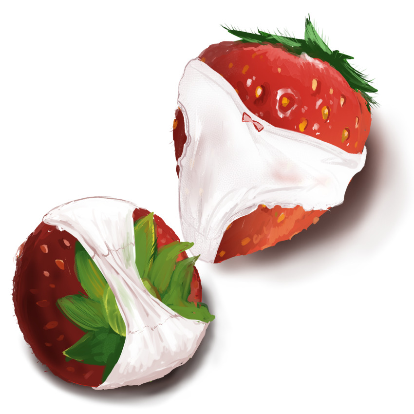 bow bow_panties food food_focus fruit highres no_humans original panties seirei_(mimi_toka) simple_background still_life strawberry underwear what white_background white_panties why