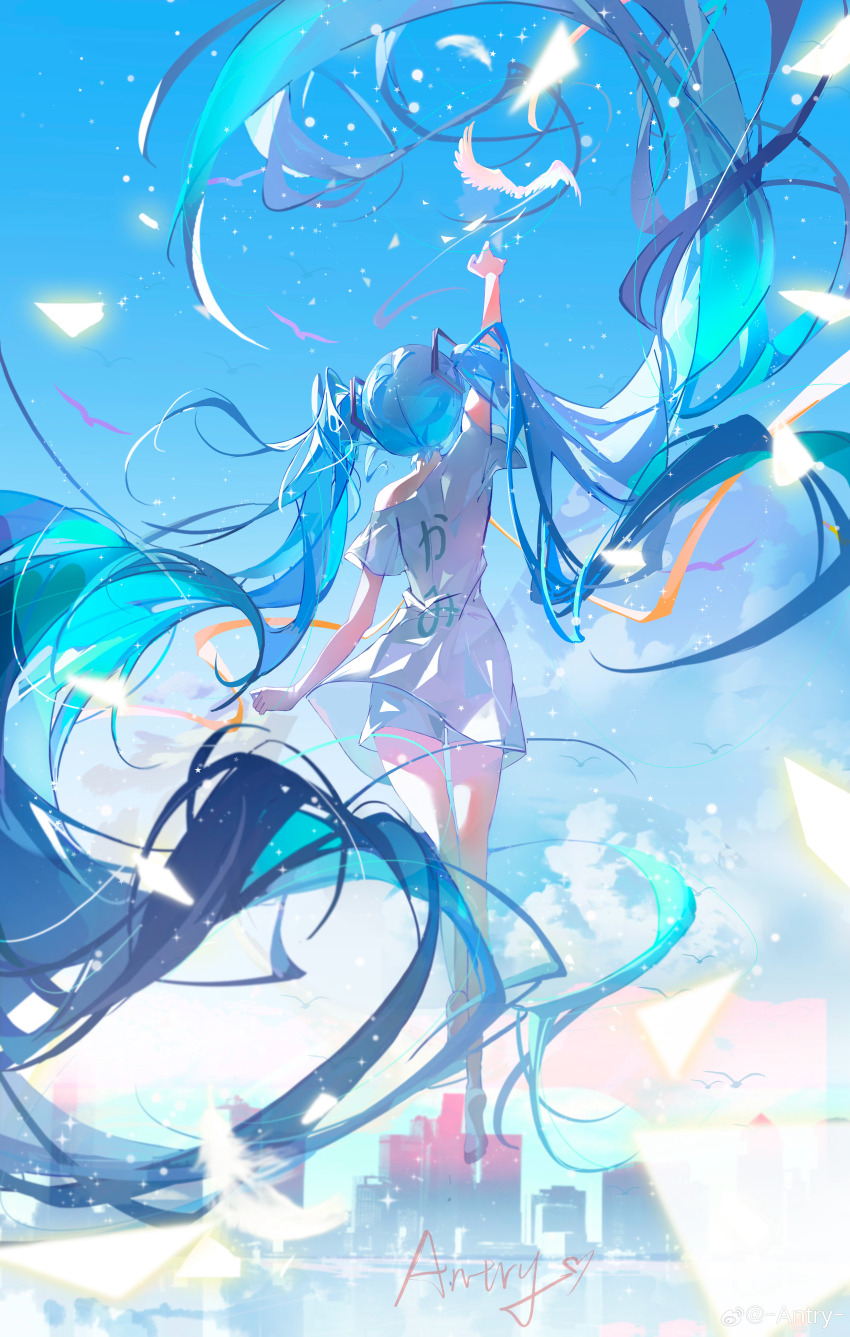 1girl absurdres antry_tange aqua_hair arm_up artist_name back bare_shoulders bird blue_sky cityscape clothes_writing floating_hair from_behind full_body hair_ornament hand_up hatsune_miku highres long_hair midair outstretched_arm shirt shorts sky solo translation_request twintails very_long_hair vocaloid white_bird white_shirt white_shorts
