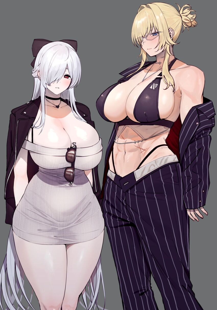 2girls abs amano_don arms_behind_back bikini bikini_under_clothes black_bikini black_bow black_choker black_jacket black_pants blonde_hair blue_eyes blush bow breasts choker cinderella_(beautiful_me)_(nikke) cinderella_(nikke) cleavage closed_mouth commentary curvy dongtan_dress dress eyewear_hang feet_out_of_frame formal_clothes glasses goddess_of_victory:_nikke grave_(beautiful_you)_(nikke) grave_(nikke) grey_background grey_dress hair_bow hair_intakes hair_over_one_eye half_updo heart heart_necklace highleg highleg_bikini highres jacket jacket_on_shoulders jewelry large_breasts long_hair looking_at_viewer medium_hair meme_attire multiple_girls navel necklace necklace_between_breasts off-shoulder_dress off_shoulder official_alternate_costume open_clothes open_fly open_jacket pants parted_lips pencil_dress pinstripe_jacket pinstripe_pants pinstripe_pattern pinstripe_shirt pinstripe_suit ponytail red_eyes ribbed_dress scar scar_on_stomach shirt short_dress short_ponytail sidelocks simple_background single_bare_shoulder single_off_shoulder standing striped_clothes striped_jacket striped_pants suit sunglasses swimsuit tinted_eyewear underbust unworn_eyewear vertical-striped_clothes vertical-striped_jacket vertical-striped_pants very_long_hair white_hair yellow-tinted_eyewear