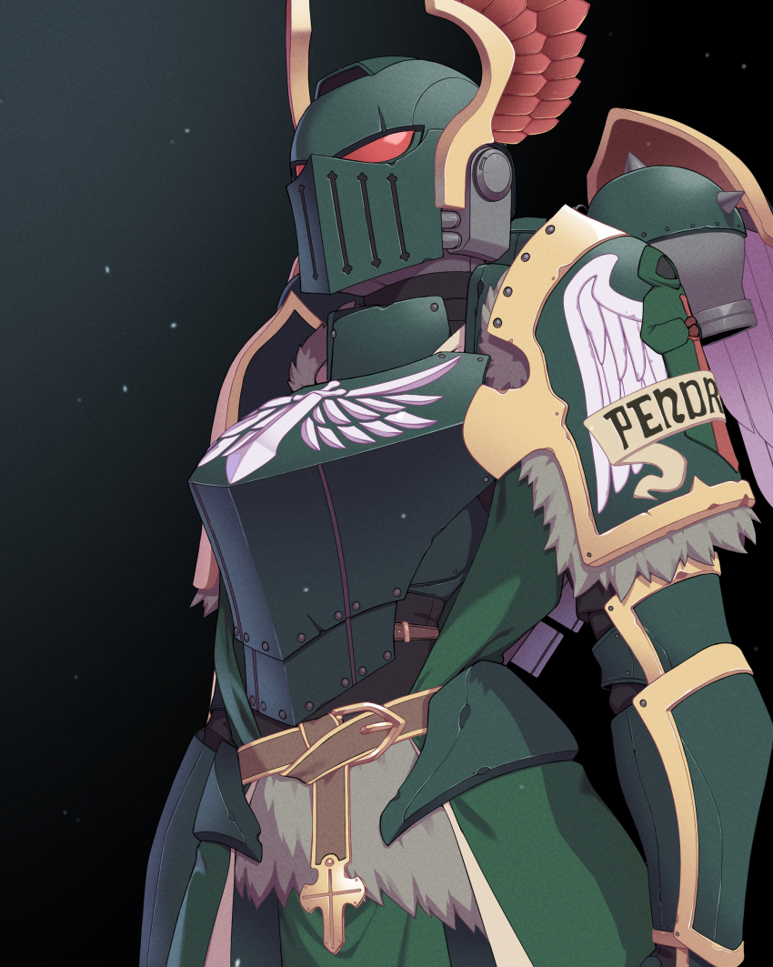 1girl absurdres adeptus_astartes armor arms_at_sides artoria_pendragon_(fate) artoria_pendragon_(lancer)_(fate) belt black_background breastplate commentary cosplay covered_face cowboy_shot cross dark_angels english_commentary fate/grand_order fate_(series) full_armor fur_trim gauntlets gradient_background green_background helm helmet highres hyperbudd light_particles lion_el&#039;jonson lion_el&#039;jonson_(cosplay) lion_king_(lancer)_(fate) looking_at_viewer pauldrons power_armor shoulder_armor solo variant_set warhammer_40k winged_helmet