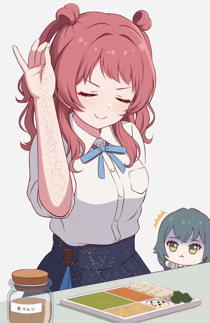 blue_overskirt blue_ribbon brown_hair character_doll closed_eyes closed_mouth collared_shirt contamination_(contami0813) doll gakuen_idolmaster green_eyes green_hair hanami_saki hatsuboshi_gakuen_school_uniform highres idolmaster long_hair neck_ribbon ribbon salt_bae_(meme) school_uniform shirt simple_background smile tsukimura_temari two_side_up white_shirt