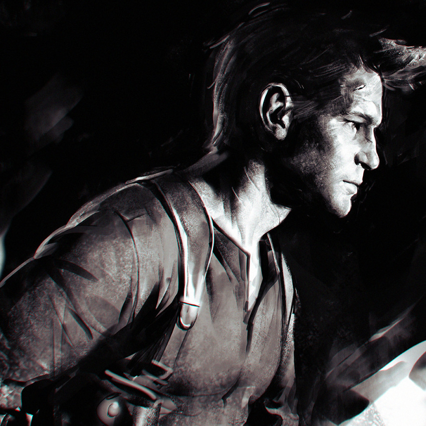1boy bad_id bad_tumblr_id buckle closed_mouth from_side grey_theme greyscale ilya_kuvshinov looking_afar male_focus manly monochrome nathan_drake profile realistic scar scar_on_face shirt solo suspenders uncharted_4 upper_body