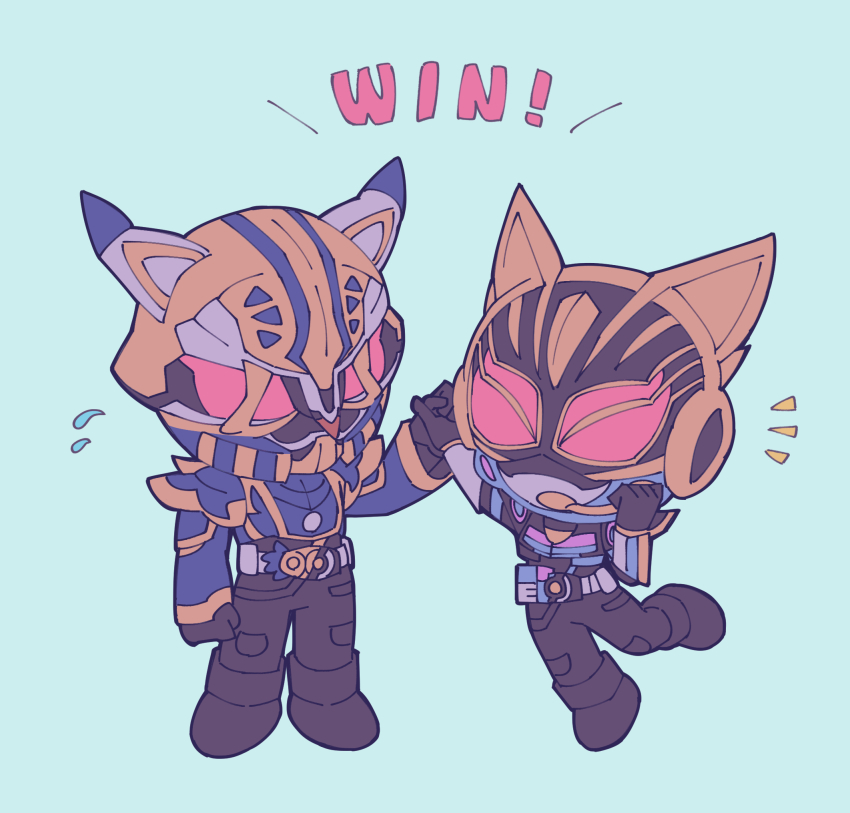 1boy 1girl animal_ears armor beat_buckle black_bodysuit black_gloves blue_armor blue_sleeves bodysuit breasts cat_ears chibi clenched_hand clenched_hands desire_driver fangs fantasy_buckle father_and_daughter fingernails gloves glowing glowing_eyes gold_trim highres holding horns id_core kamen_rider kamen_rider_geats_(series) kamen_rider_gya-go kamen_rider_na-go looking_at_viewer medium_breasts mori_(enignuma797) raise_buckle red_eyes rider_belt tokusatsu
