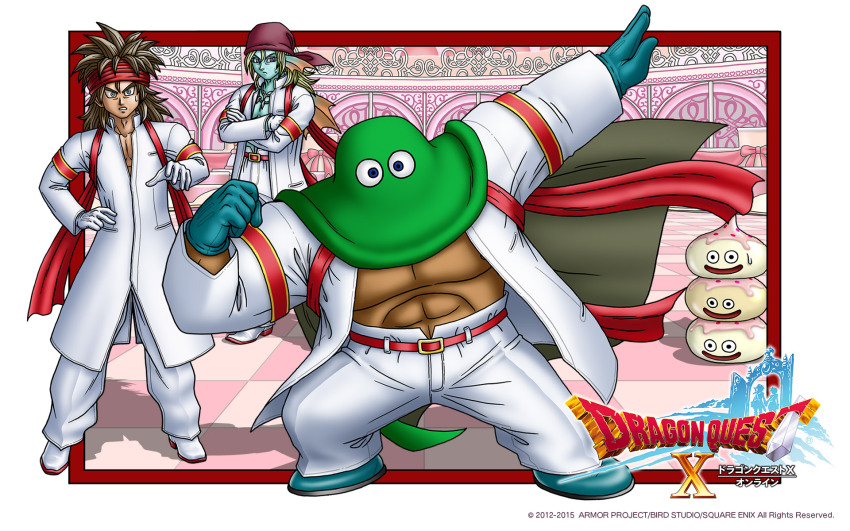 1other 3boys abs aqua_gloves artist_request back_fin bandana blonde_hair blue_eyes blue_skin border brown_hair colored_skin copyright_logo copyright_name crossed_arms dragon_quest dragon_quest_iii dragon_quest_x fins fish_boy flexing gloves head_fins headband highres hood_(dragon_quest) hyuuza_(dq10) jacket jewelry kandar looking_at_another looking_at_viewer male_focus medium_hair monster_boy multiple_boys muscular muscular_male necklace official_art official_wallpaper open_clothes open_jacket pointing purple_eyes red_bandana red_headband slime_(dragon_quest) spiked_hair sweatdrop third-party_source tooth_necklace white_border white_day white_gloves white_jacket wide-eyed zankurone