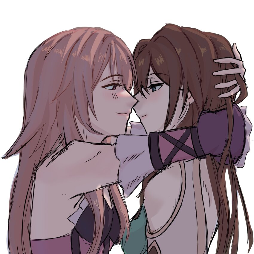 2girls arms_around_neck bare_shoulders blue_eyes brown_hair closed_mouth commentary detached_sleeves english_commentary eye_contact hand_in_another&#039;s_hair herta_(honkai:_star_rail) highres honkai:_star_rail honkai_(series) long_hair looking_at_another multiple_girls purple_eyes ruan_mei_(honkai:_star_rail) simple_background smile the_herta_(honkai:_star_rail) upper_body white_background yuri zuuchako