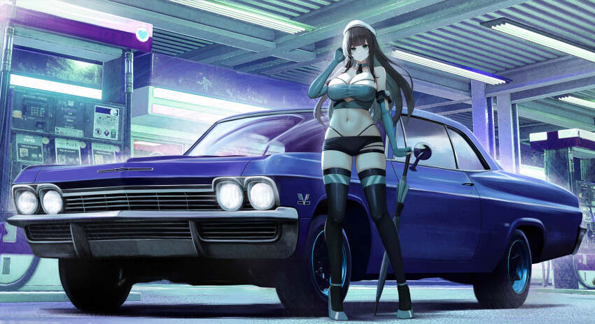 1girl absurdres bandeau bare_shoulders black_hair black_shorts black_thighhighs blue_car blue_footwear blue_gloves breasts car cleavage closed_mouth clothing_cutout commission crop_top detached_collar elbow_gloves fingerless_gloves full_body gloves green_eyes hand_up hat high_heels highleg highres kcar66t large_breasts long_hair looking_at_viewer micro_shorts midriff motor_vehicle navel necktie original panty_straps pixiv_commission race_queen short_necktie shorts skindentation solo sports_car standing stomach strapless taut_bandeau thighhighs thighs torn_clothes torn_shorts tube_top umbrella underboob_cutout vehicle_request white_hat