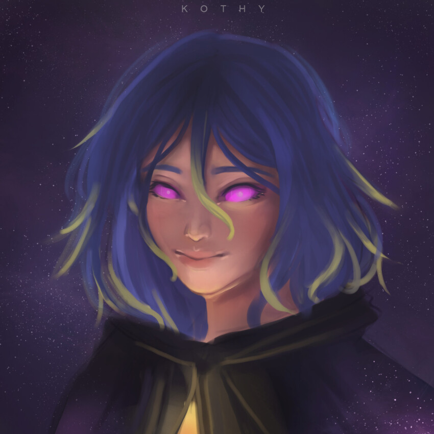 artist_name black_cloak blue_hair blurry cloak colored_sclera colored_skin dana_(kothy) dark_blue_hair depth_of_field divine_being facing_viewer hair_between_eyes highres kothy light_smile looking_at_viewer medium_hair original pink_eyes pink_sclera smile solo space star_(sky)
