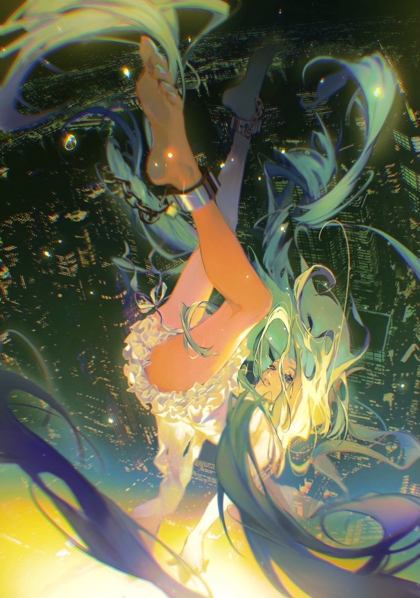 1girl absurdly_long_hair absurdres aqua_hair barefoot blonde_hair blue_eyes blurry building chain chromatic_aberration city city_lights cityscape cuffs depth_of_field dress falling feet floating_hair floating_tears frilled_dress frills from_above full_body glowing_tears green_hair green_nails highres kojeo long_hair looking_afar looking_up midair multicolored_hair nail_polish night original outdoors outstretched_arm parted_lips petticoat plantar_flexion shackles short_dress skyscraper soles solo tears toes two-tone_hair very_long_hair water_drop white_dress
